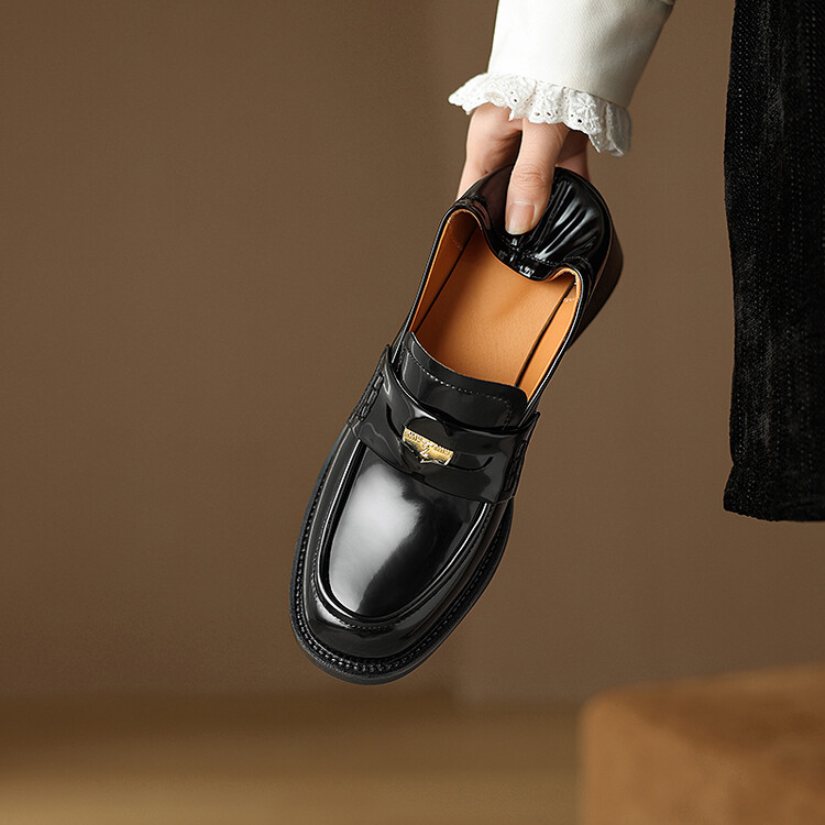 retro-patent-leather-loafers-with-chunky-heel-and-metal-accents Retro Patent Leather Loafers with Chunky Heel and Metal Accents