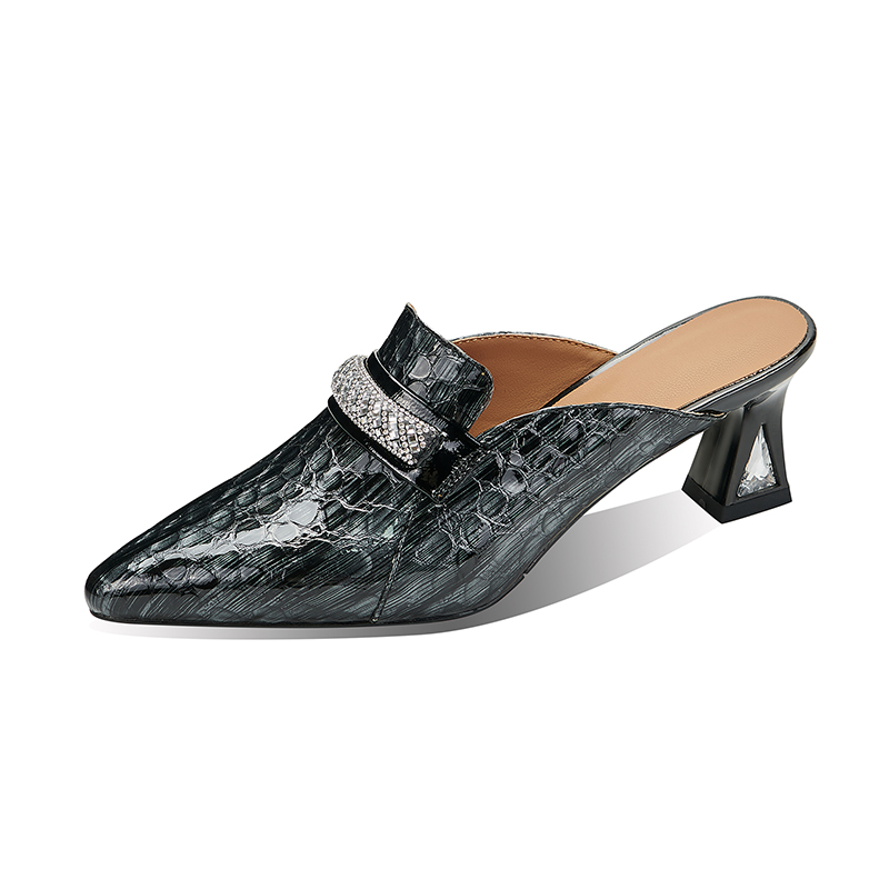 womens-black-leather-closed-toe-slippers-with-rhinestone-color-block-mid-heel_4 Women's Black Leather Closed-Toe Slippers with Rhinestone Color Block Mid Heel