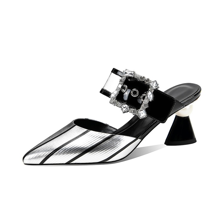womens-closed-toe-mid-heel-slippers-silver-black_4 Women's Closed Toe Mid Heel Slippers - Silver Black