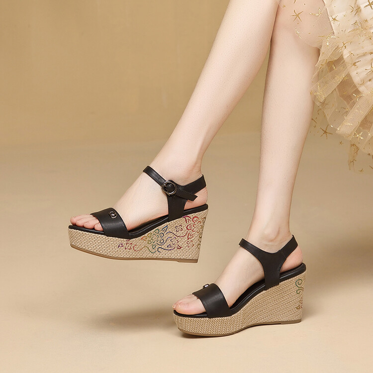 womens-high-heel-wedge-sandals-leather-upper-beige-apricot-black_2 Women's High Heel Wedge Sandals - Leather Upper - Beige Apricot Black