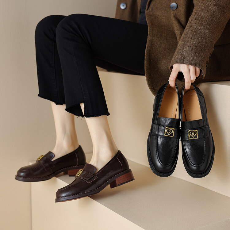 Women's Leather Loafers Retro Chunky Platform Slip-On Shoes