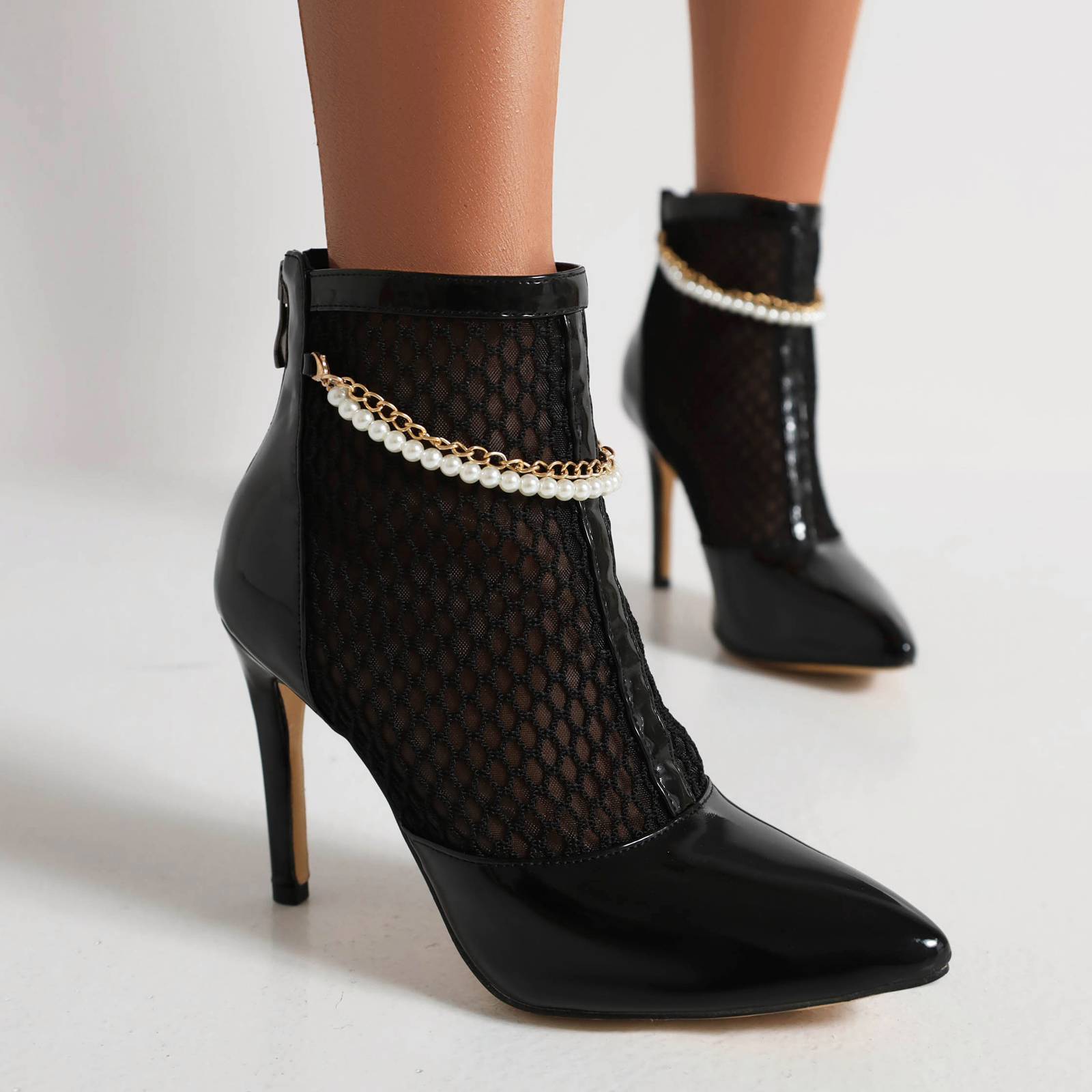 womens-pointed-toe-stiletto-heel-ankle-boots-with-pearl-mesh-chain-detail Women's Pointed Toe Stiletto Heel Ankle Boots with Pearl Mesh Chain Detail